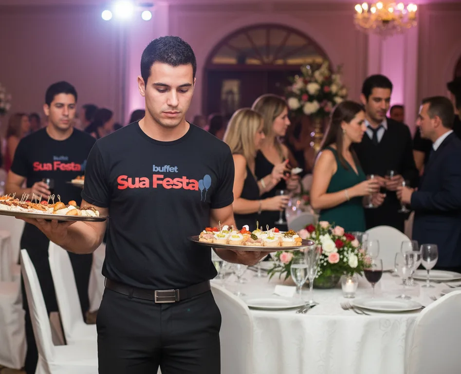 Equipe uniformizada do Buffet Sua Festa SP atendendo evento corporativo